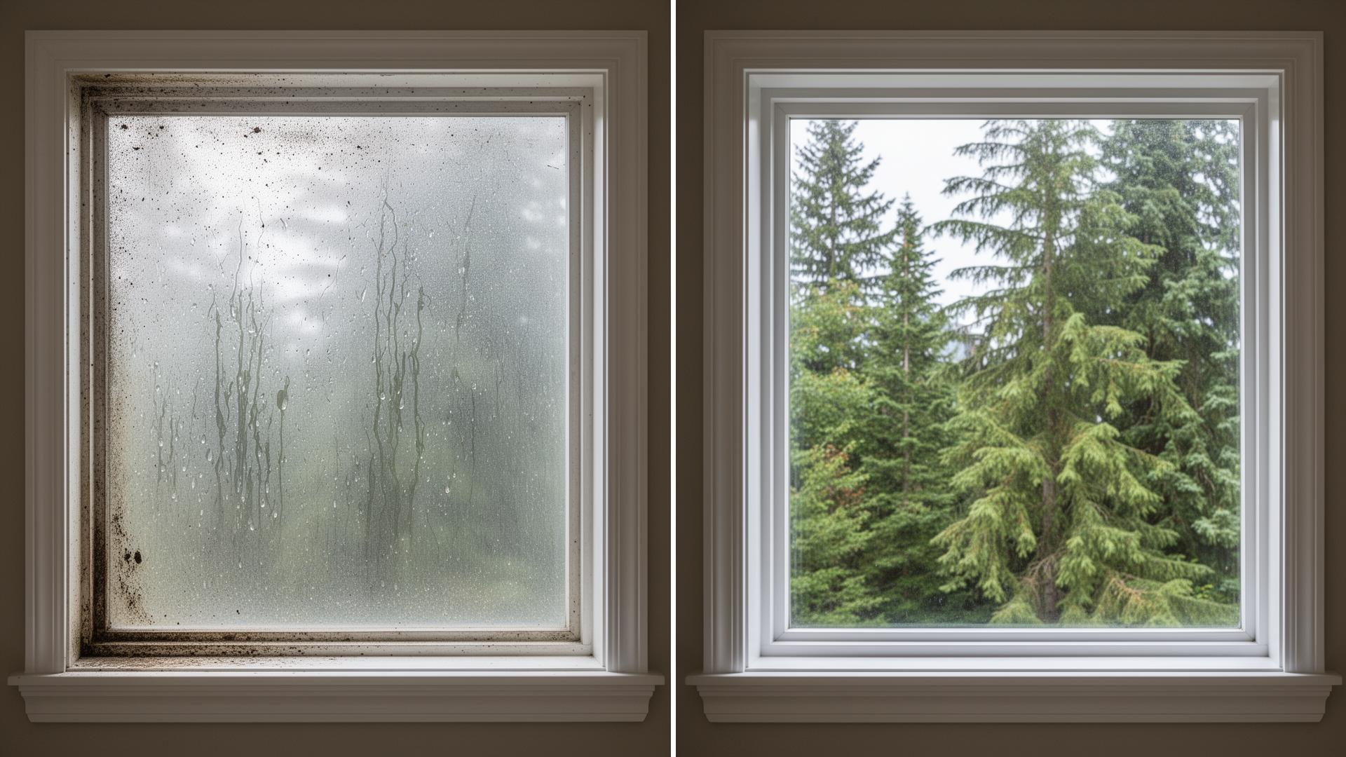 Before and after window cleaning comparison — left side dirty, right side crystal clear