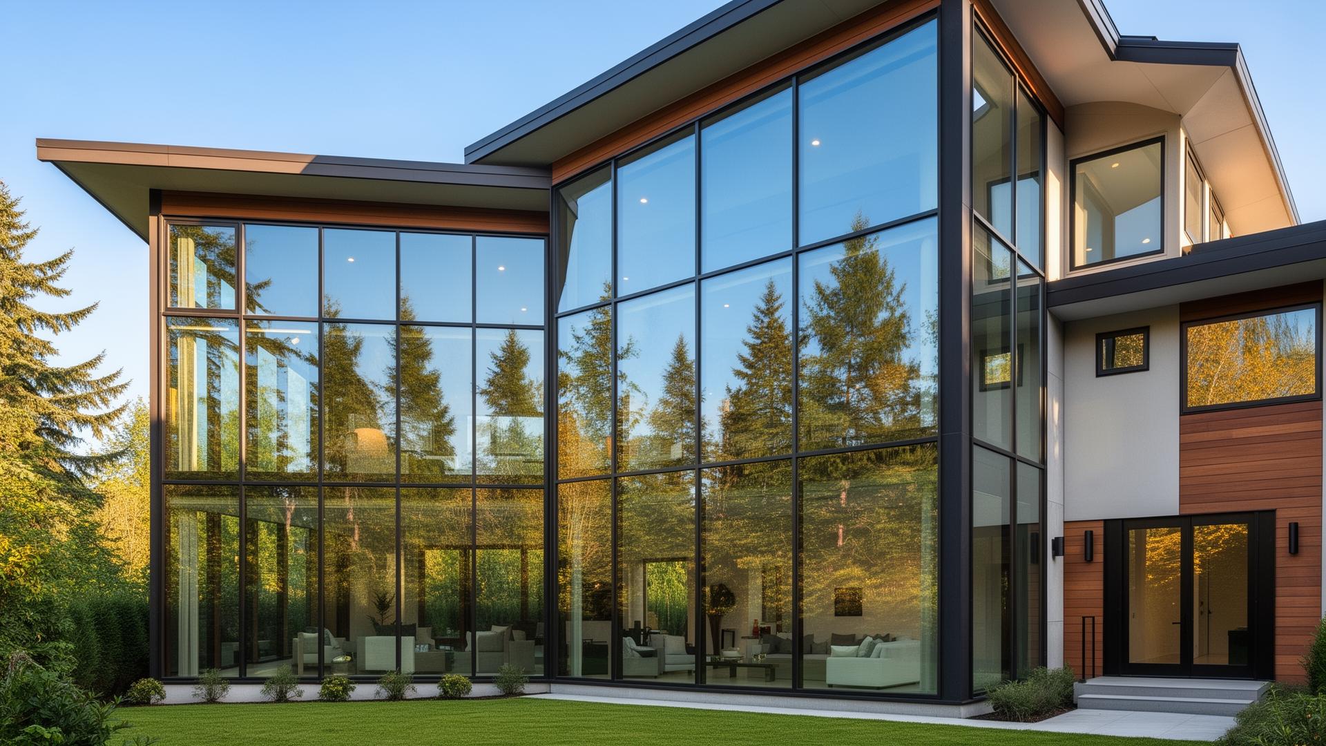Modern Seattle home with spotless floor-to-ceiling windows reflecting evergreen trees