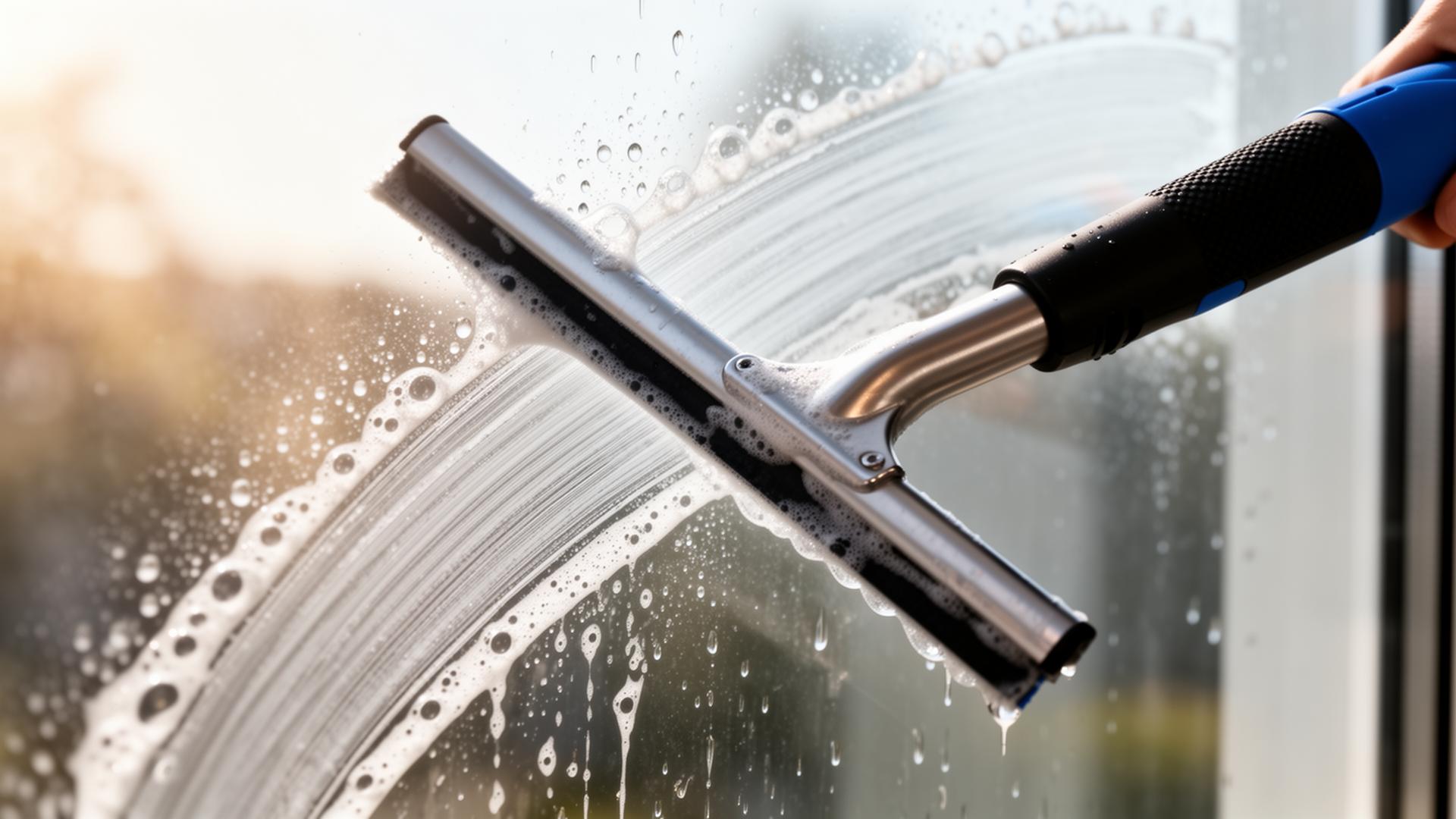 Professional squeegee leaving a streak-free trail across a soapy window